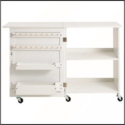 Folding Sewing Table with Lockable Wheels, Storage Shelves, and Trays for Organized Craft Spaces