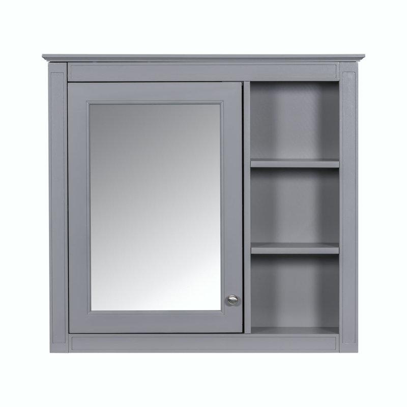 Armoire de salle de bain murale 30 po x 28 po avec miroir, 3 tablettes ouvertes, Gris
