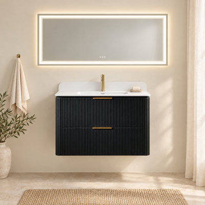 Ensemble de vanité suspendue noire de 76 cm avec lavabo intégré et miroir de courtoisie à DEL de 71 x 152 cm
