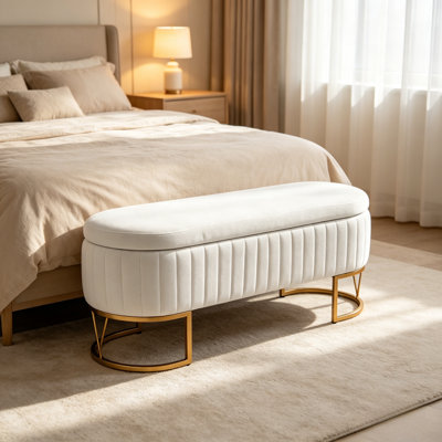 Banc de rangement ovale en velours l 45,6 po avec pieds en métal doré, repose-pieds rembourré