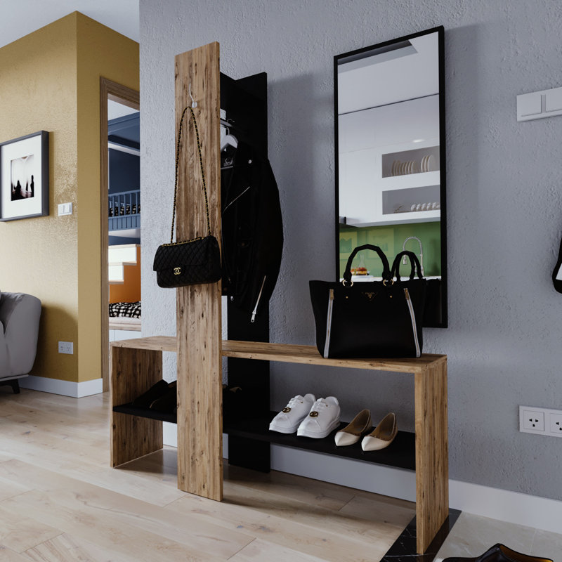 Modern Hall Stand with Mirror, Pine Colour, 39.4 x 63.0 x 11.0 inches | 100% Melamine Coated Particle Board, Thickness: 0.7 inches | Wall-Mountable Design, Multiple Shelves for Storage & Style | Industrial Elegance