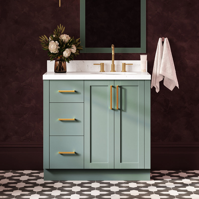   Kayleigh 36 Inch Right Offset Single Oval Sink Bathroom Vanity with Carrara White Quartz Countertop 1.5 Inch in Vintage Green