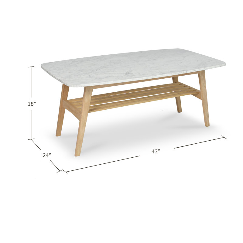 Table basse rectangulaire en marbre blanc Carrare de 43 po avec tablette en chêne Loris