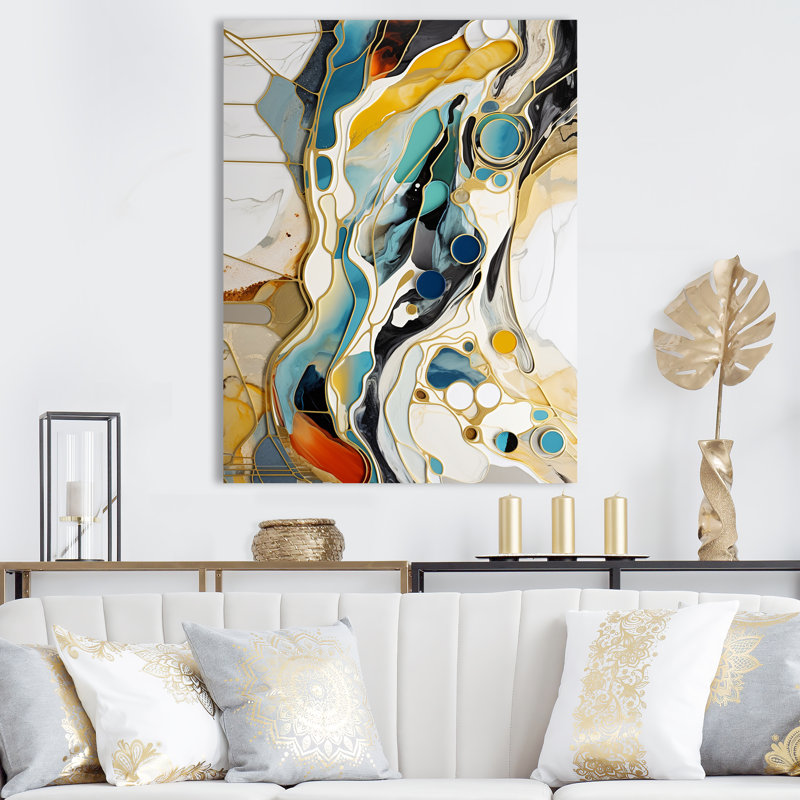Bleu et jaune, encre liquide, abstraction, harmonie III - encre liquide, art mural abstrait, Cadre doré simple