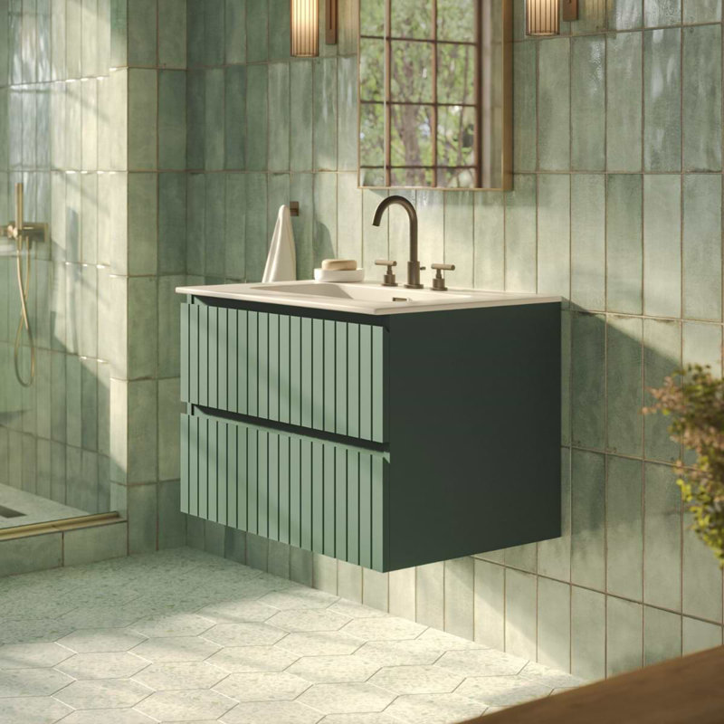 Meuble-lavabo simple flottant cannelé Adden, Vert forêt, L 30 po