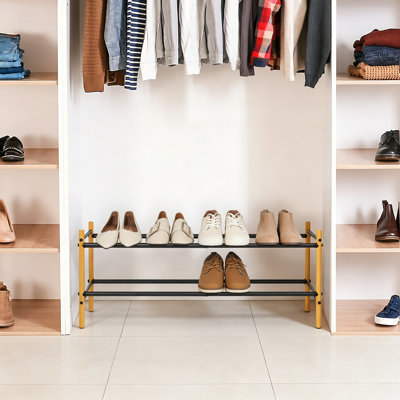 Expandable Shoe Rack, 8 Pairs Stackable Metal Shoe Organizer with Bamboo Side Rods, Adjustable 2-Tier Shoe Shelf for Closet, Entryway, Hallway, Garage