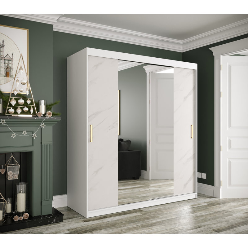 Alynn Manufactured Wood Wardrobe, White Matt/White Marble, 200cm H x 180cm W x 62cm D