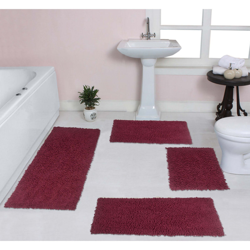 Heatherly Rectangle 100% Cotton Non-Slip 4 piece Bath Rug Set, Red