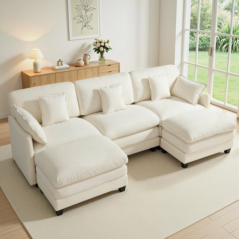 111.8" Modular Sectional Sofa, 3-Seat L Shaped Couch with 2 Reversible Ottomans, Beige