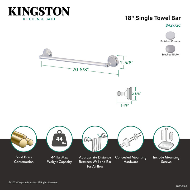 Kingston Brass Governor Towel Bar, Polished Chrome, 20.63"