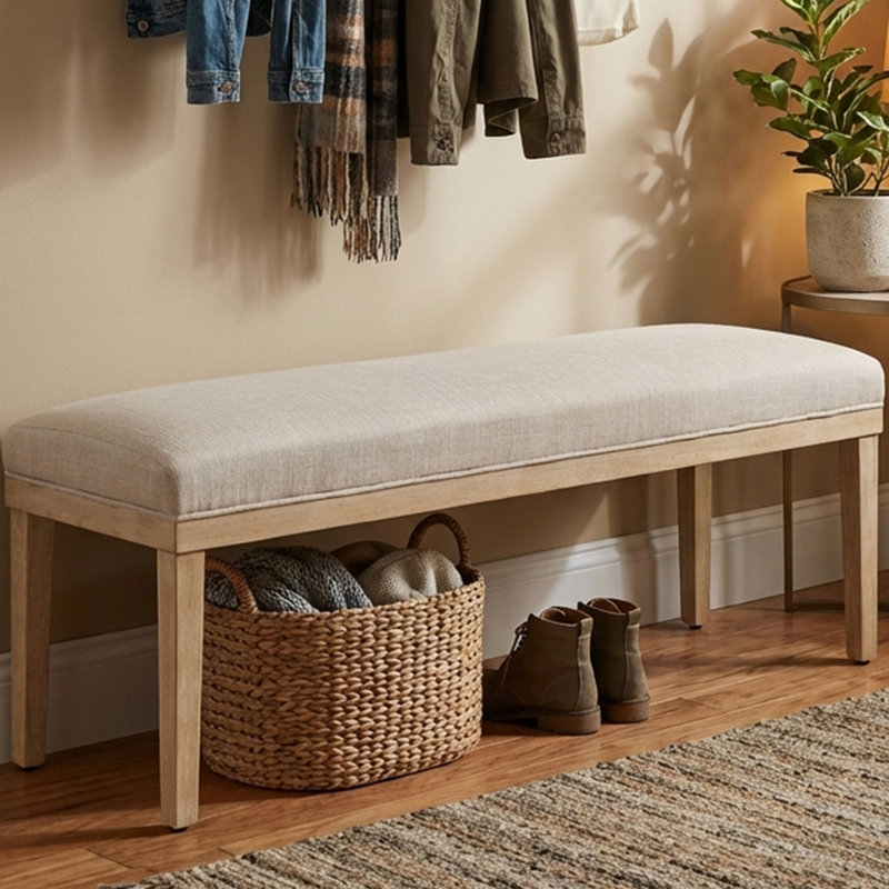Entryway Upholstered Bench 52.8'' With Solid Wooden Legs, Natural Linen Shoe Bench Easy To Assemble, Ivory