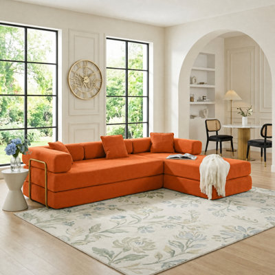 Boneless 108" Corduroy Convertible Floor Sofa Bed, Oversized  Modular Sectional Couch with Chaise & Pillows, No Assembly Required, Compression Lazy Upholstered Futon Couches for Living Room, Apartment