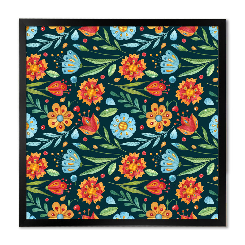 «Orange and Blue Retro Flower Pattern», reproduction d'art sur toile, H 16 po x l 16 po, Cadre photo noir