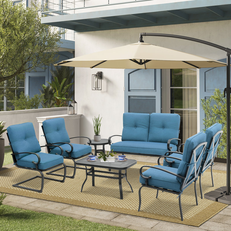 Basilius 6 - Person Patio Conversation Set with Cushions, Peacock Blue