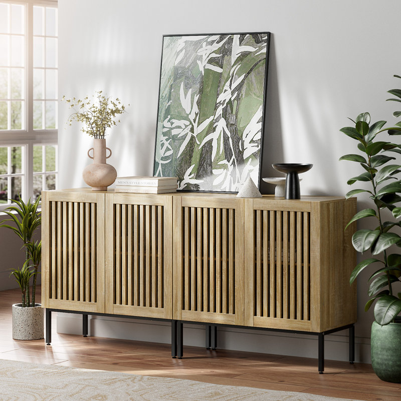Oak 6-Door Buffet Cabinet with Metal Base and Adjustable Shelves