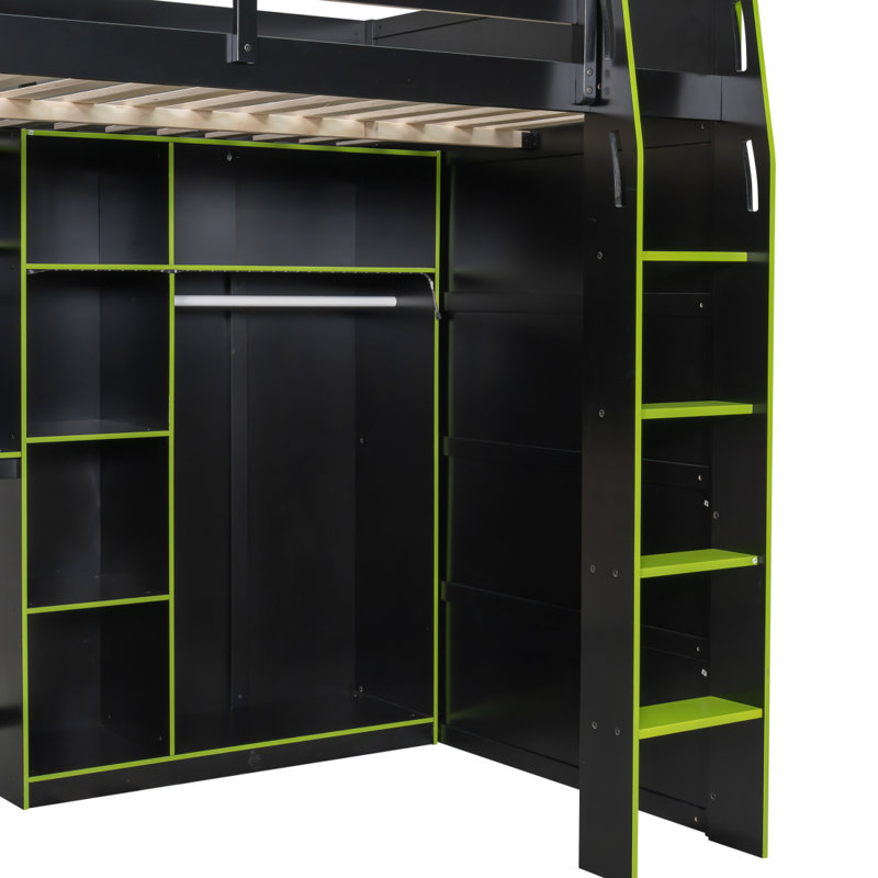 Lit mezzanine en bois pleine grandeur avec bureau, garde-robe ouverte, compartiments de rangement et lumières RVB, vert, Vert