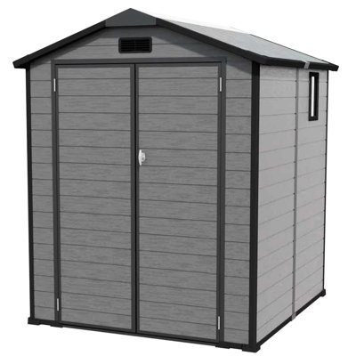 Remise de rangement extérieure verrouillable en plastique de 6 pi x 6 pi en gris foncé - pour ranger les vélos, les tondeuses à gazon et les outils de jardin, plafond haut pour plus d'espace, durabilité en résine renforcée de métal, fenêtre de fenêtre latérale