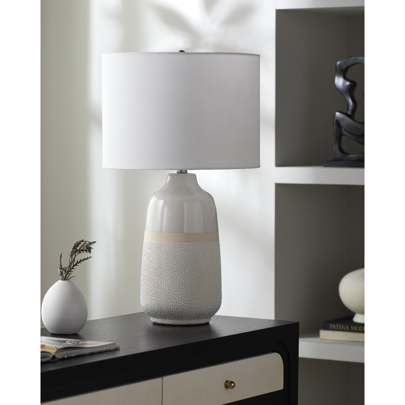Ceramic Table Lamp with Linen Drum Shade , 27" H x 14" W x 14" D