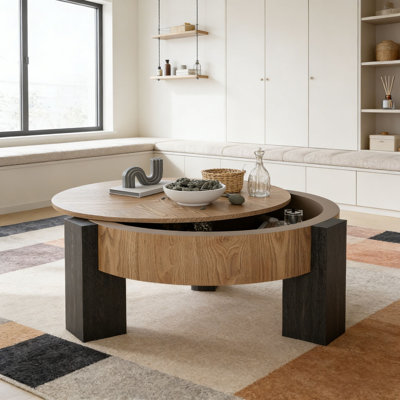 33'' Modern Round Coffee Table with Hidden Storage, 3 Block Legs Sturdy Center Accent Table