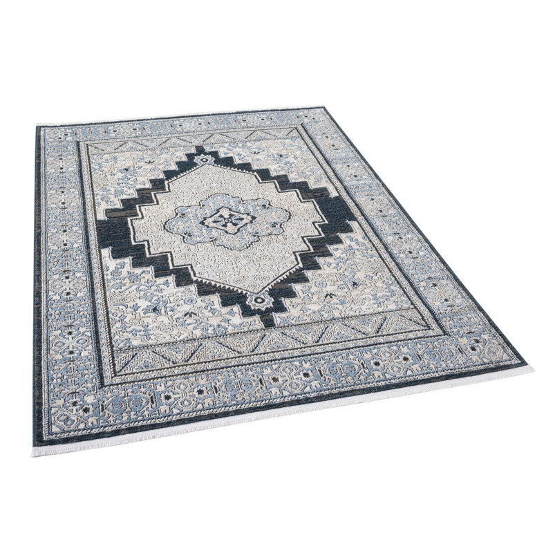 Obsidian Vintage Medallion Midnight Blue Area Rug with Fringe, Rectangle 5'3" x 7'3"