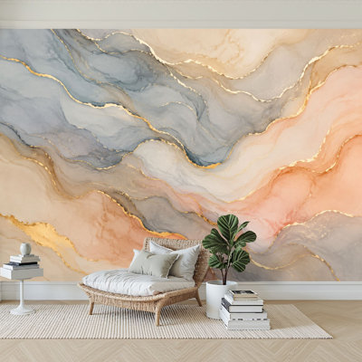 Wall Mural Peel and Stick Wallpaper Abstract Marble Effect Blue Peach Gray Gold Accents Self-Adhesive Removable Contact Paper Wall Decor for Living Room Bedroom 100"H x 144"W