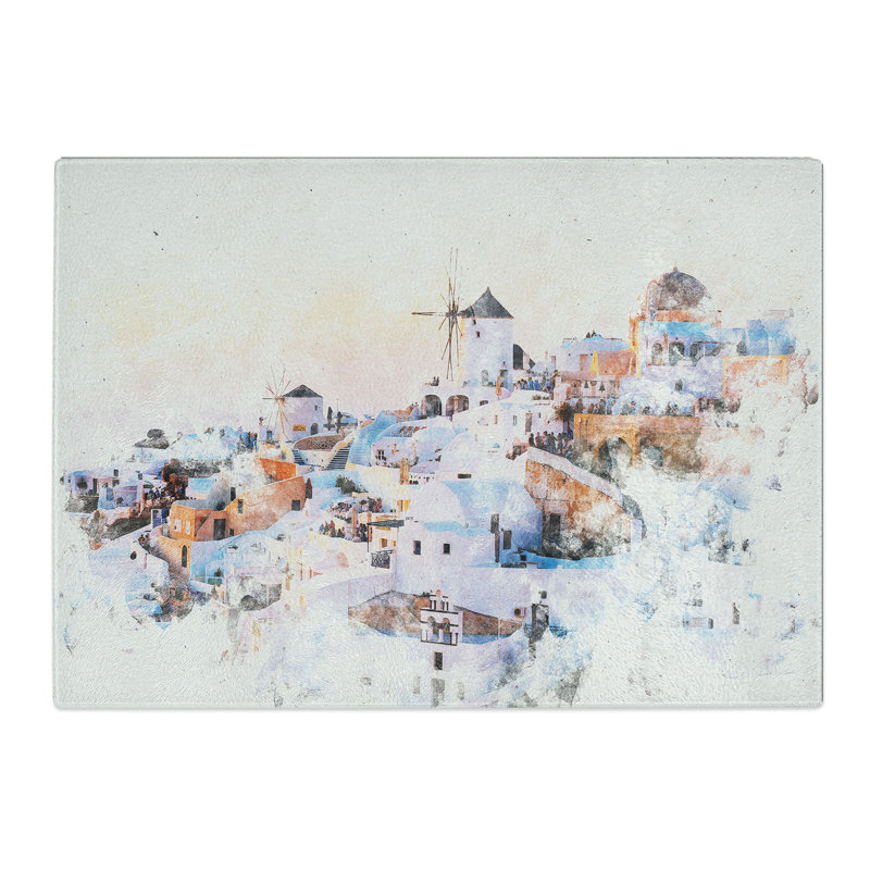 Tempered Glass Oia Santorini Skyline in Greece Chopping Board, 20 cm x 28.5 cm