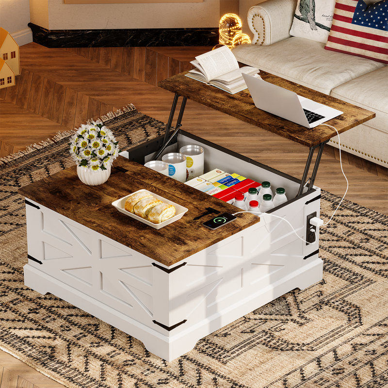 35.4" Farmhouse Lift Top Coffee Table, Square Wood Center Table With Charging Station, Rustic Lift Tabletop Dining Table with Large Hidden Compartment for Home Living Room