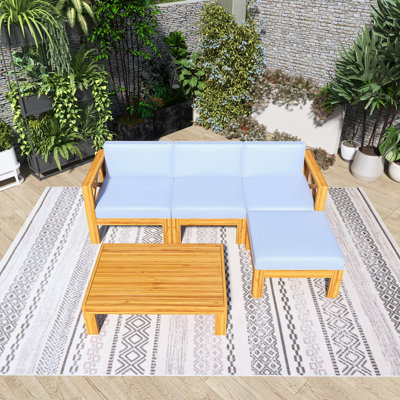 Ensemble de conversation de patio en bois 5 pièces avec coussin gris