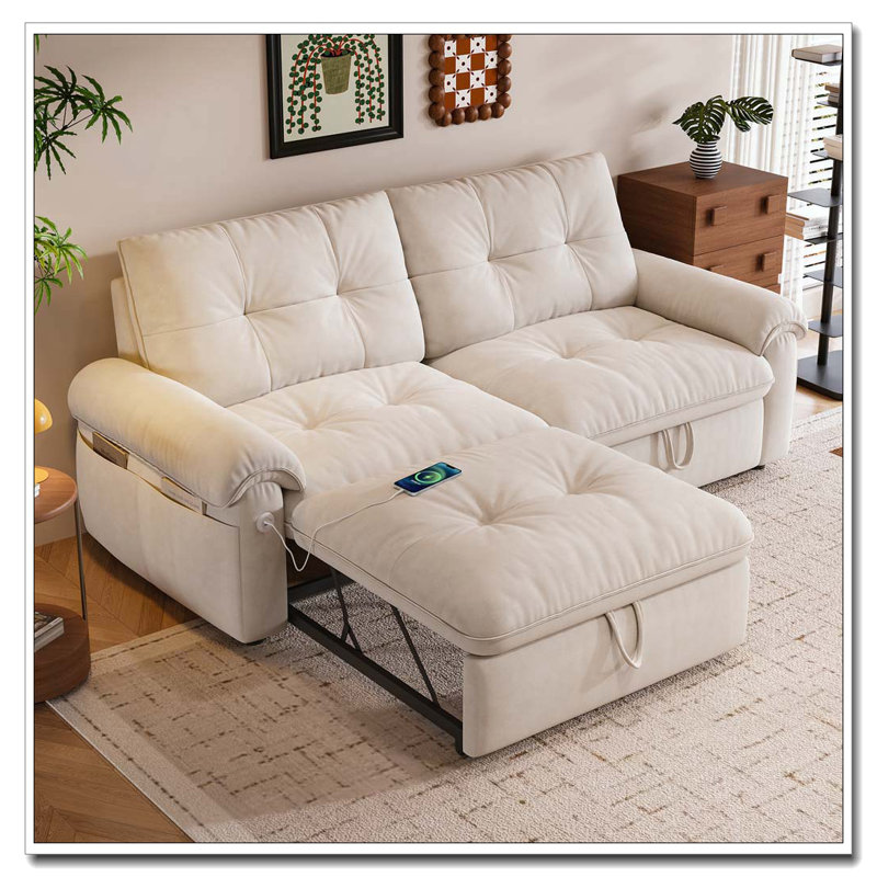 Velvet Multifunctional Sofa Convertible Sofa Bed, Beige
