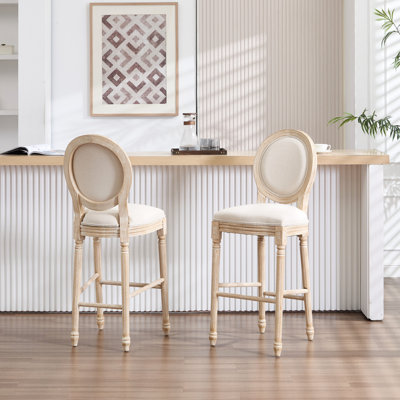 Chaises de bar rembourrées de style campagne française de 30 po de hauteur avec dossier rond, démontables, structure en bois massif, coton et lin, tréfilage pour les environnements de restaurant