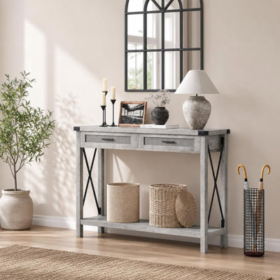 Grey Farmhouse Console Table with Rattan Drawers, 43" Entryway Table with Storage, Narrow Sofa Table for Living Room, Hallway
