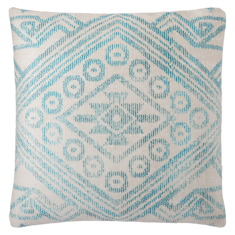 Turquoise and Cream Geometric Polyester Outdoor Throw Pillow Cover
