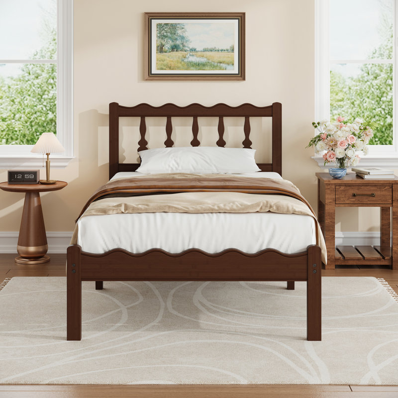 14'' Walnut Bamboo Platform Bed Frame with Wavy Headboard, Solid Wood & Metal Slats, Noise Free, No Box Spring Needed, Twin