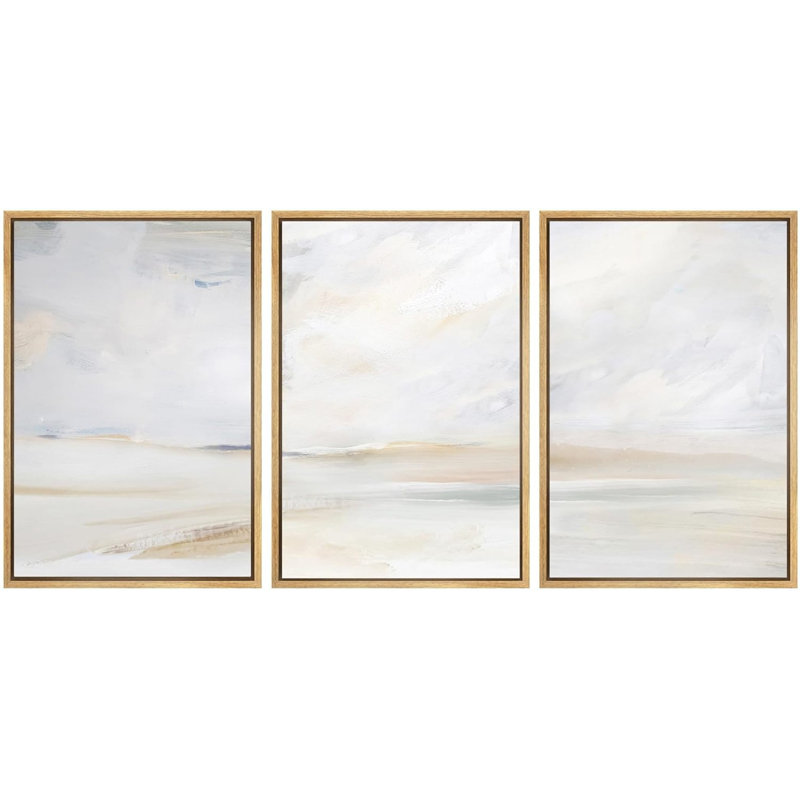“Minimal Landscape” Mute Abstract Serene Coastal Beach, digital art print on canvas framed 3 pieces, Naturel