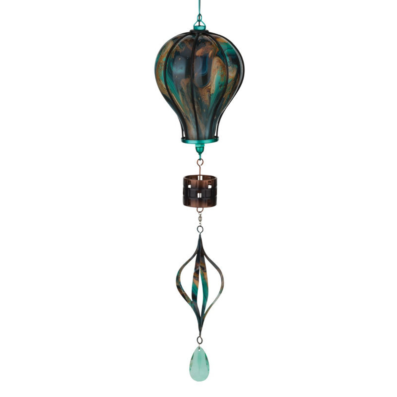 33" Hanging Swirl Balloon Solar Lantern with Glass Panels and Metal Frame, Green