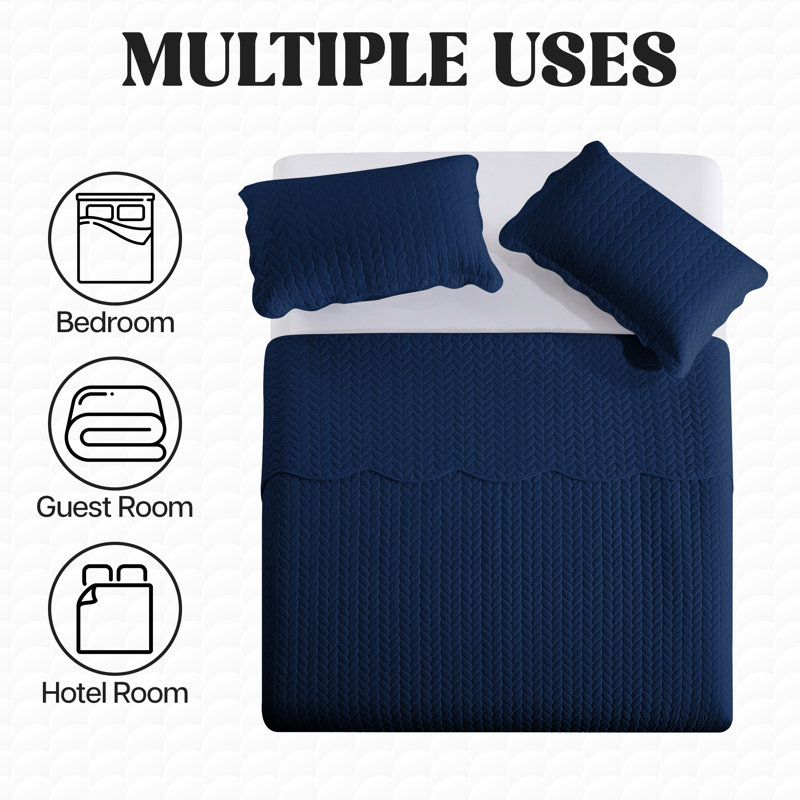 Embossed Quilted Bedspread Set – Soft Microfiber Coverlet With Pillow Shams, Hotel-Style Bedding For High Beds, Blue