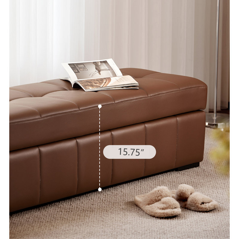 Repose-pieds de luxe rectangulaire en bois massif avec rangement, Similicuir brun