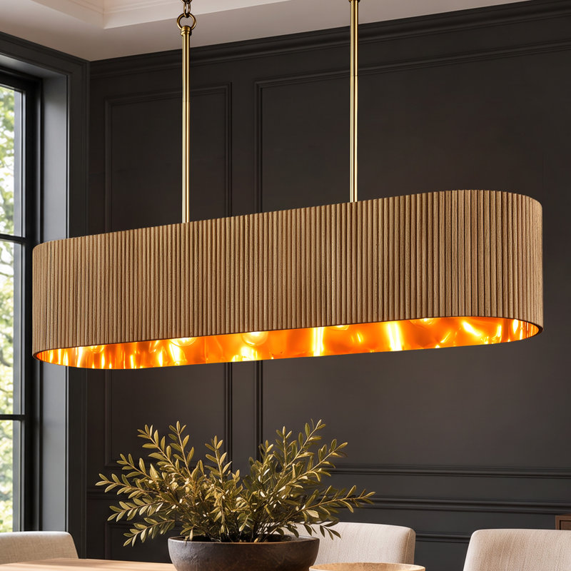 Lustre carré/rectangulaire en bois à 5 lumières, 110,5 cm de largeur, à intensité variable, pour îlot de cuisine.