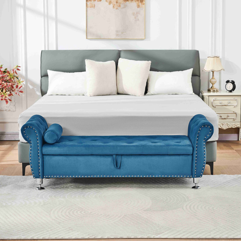 Banc de rangement en velours doux avec boutons en cristal et 1 coussin, Bleu