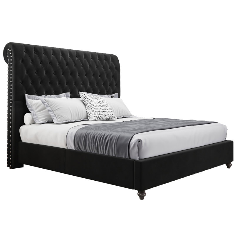 Lit plateforme tapissier Alhaji, Grand, Noir