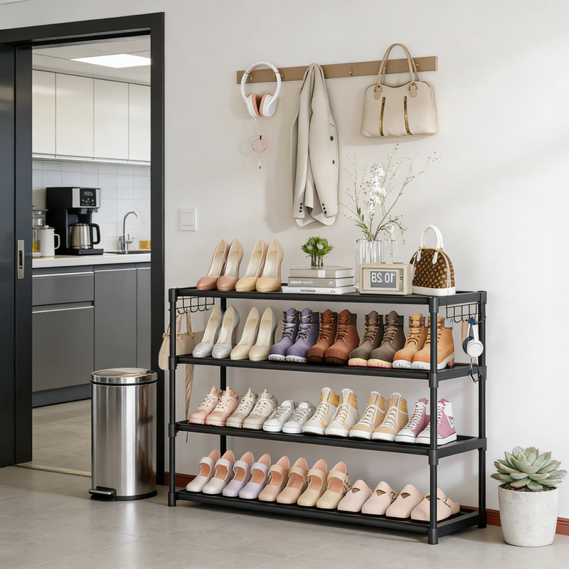 4-Tier Stackable Shoe Rack Organizer With Hooks, Wide Long Shoe Storage Shelf For Closet Entryway, Sturdy Space-Saving Design Holds Up To 26 Pairs