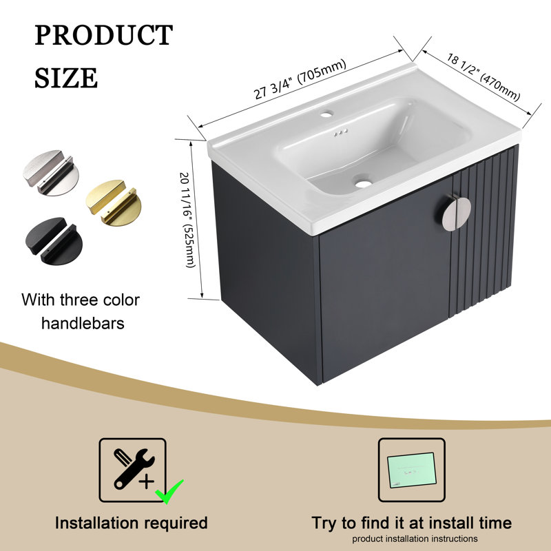 Ensemble de meuble-lavabo simple 27,83 po avec plateau en céramique Espitia, Noir, Chrome poli