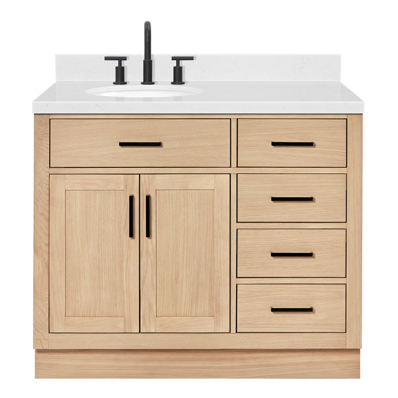Meuble-lavabo simple en bois massif 42 po Tidworth avec plateau en quartz Carrara de 1,5 po, Gauche, Ovale, Chêne naturel