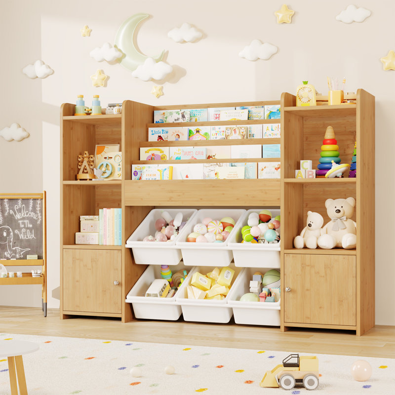 46.9"W Kids Bookshelf with 6 Storage Cubbies, Toy Organizer with Storage Shelves, for Playroom, School, Wood
