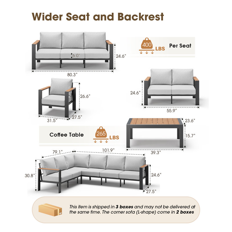 Ensemble de canapé modulaire en forme de L pour 6 personnes avec table basse et coussins, Gray Cushion/Dark Gray Frame
