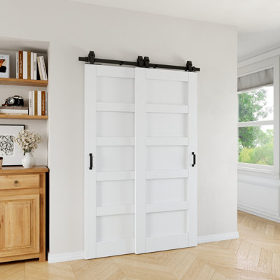 80" H X 48" W 5-Panel White Primed Solid Core Sliding Bypass Barn Door Double Doors With Hardware Kit - No Assembly