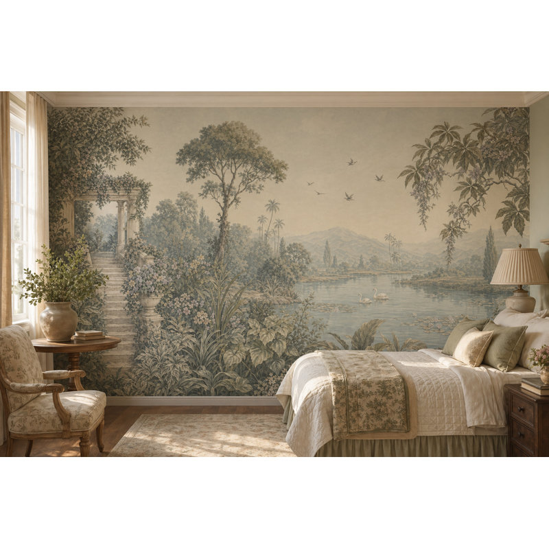 Papier peint pastorale paysage classique jardin terrasse lac avec cygnes décoration murale amovible, 160"x108"
