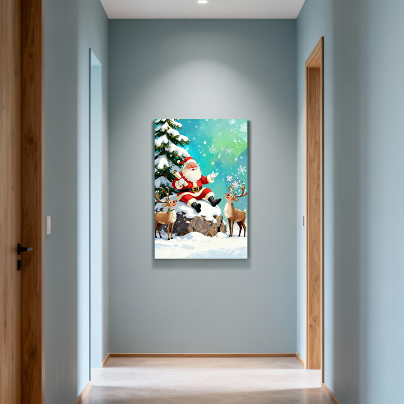 Noël père Noël avec renne dans un paysage enneigé, H 30 po x l 20 po