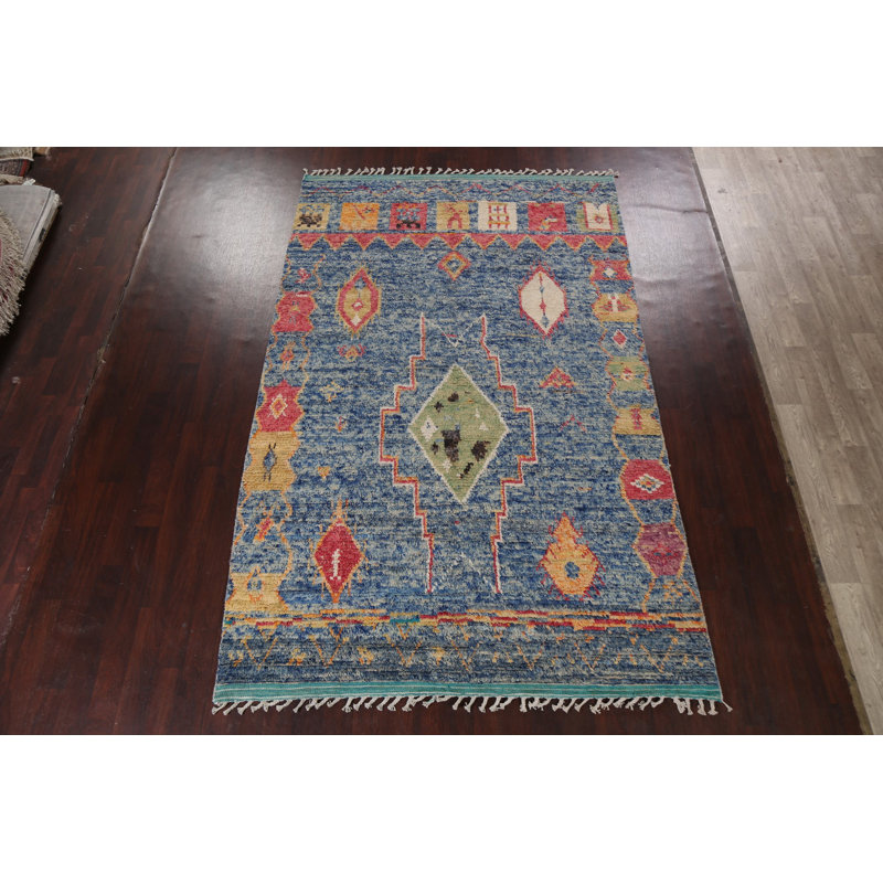 Tapis bleu en laine noué à la main de conception unique 7 pi 0 po x 11 pi 2 po