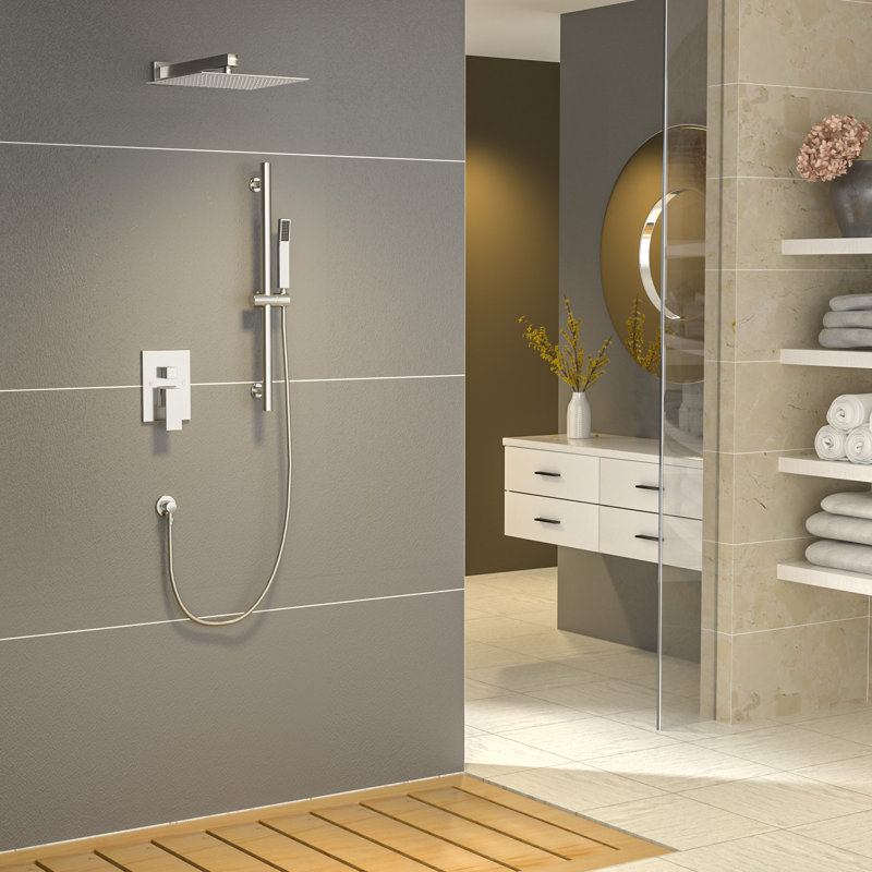 12" Square Wall Mounted Complete Shower System Rainfall Shower Head with Rough in-Valve and Slide Bar, Brushed Nickel